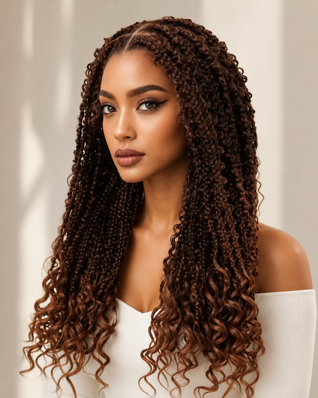 Full Lace Boho Knotless Braids Wig with Curly Ends | Pre-Plucked Baby Hair